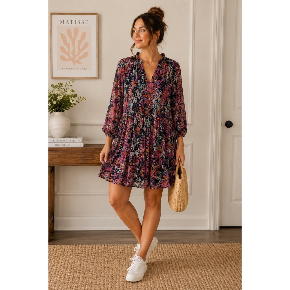 Vince Camuto Floral Tiered Peasant Bohemian Dress Multicolor Floral Preppy Med